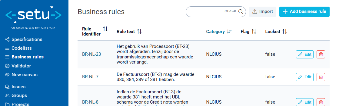 Admins can create, edit, delete and import business rules