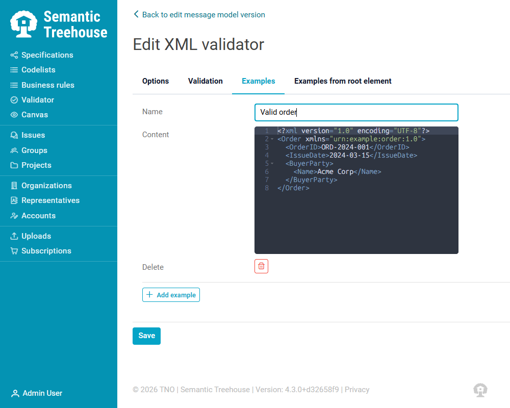 The Examples tab with a named example message