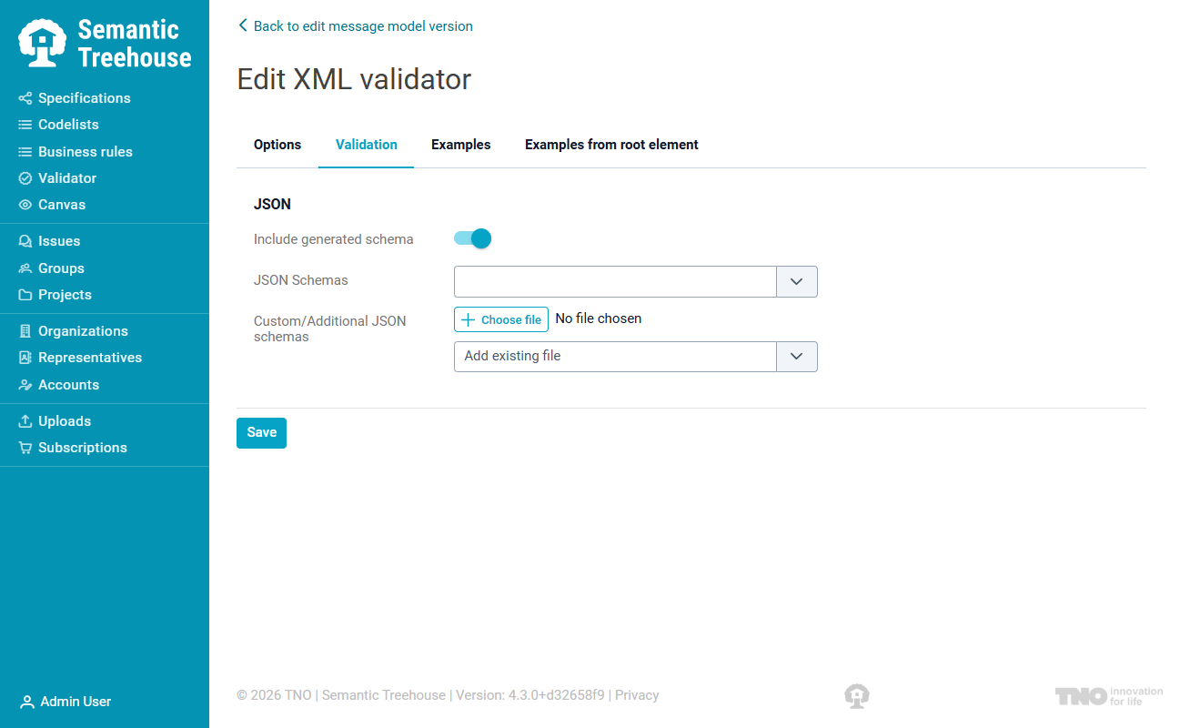 The Validation tab for JSON