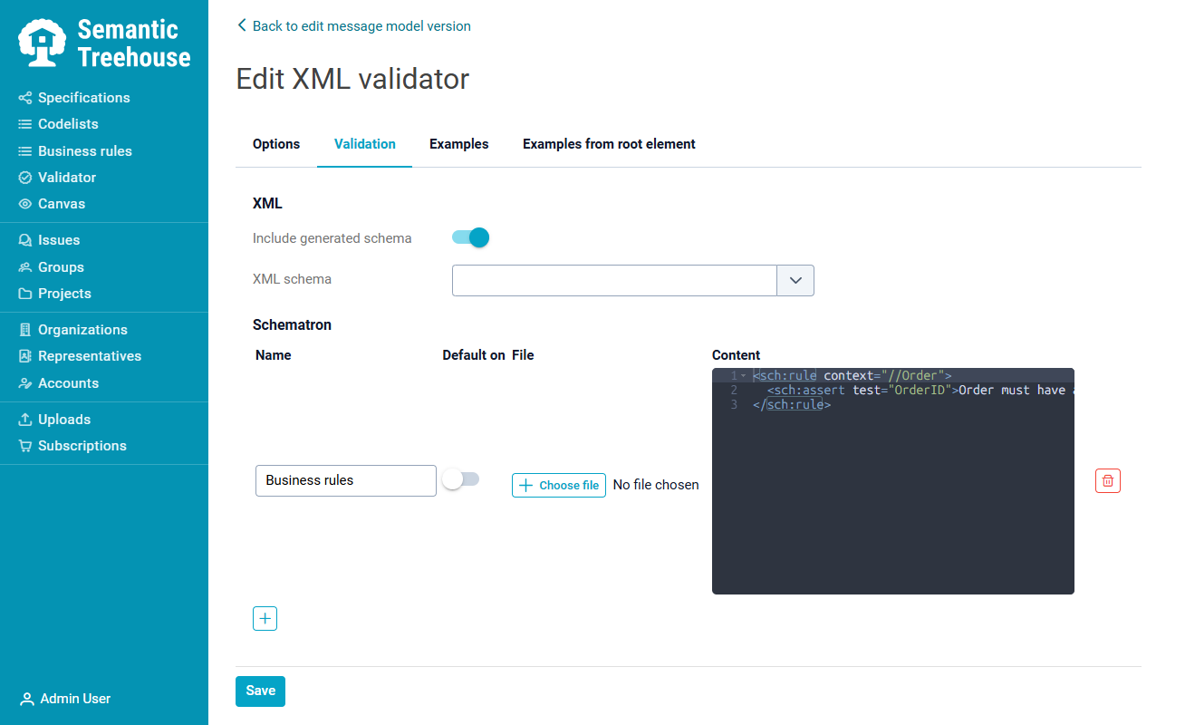 The Validation tab for XML, showing schema and Schematron configuration