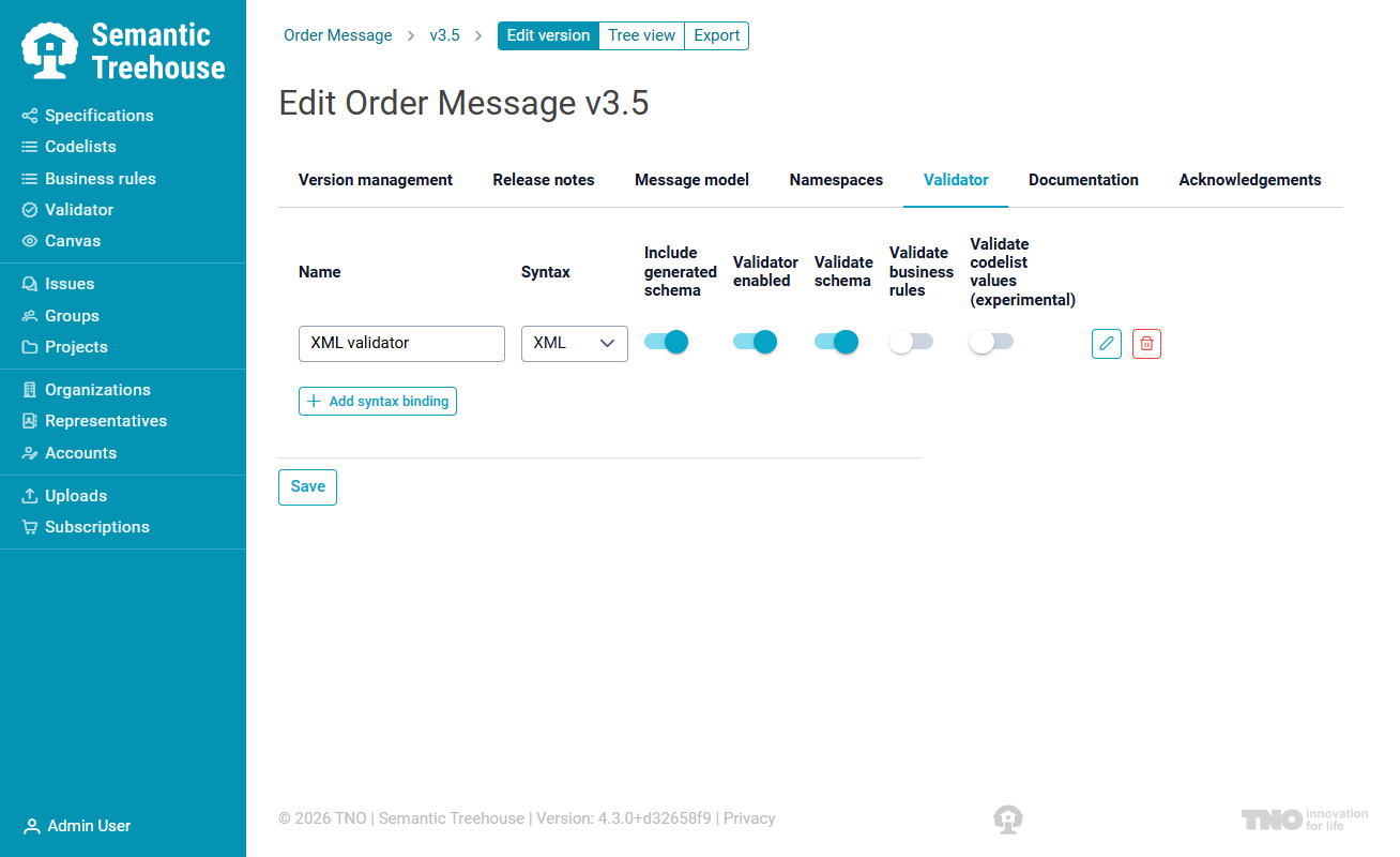 The Validator tab on the version edit page, showing syntax bindings