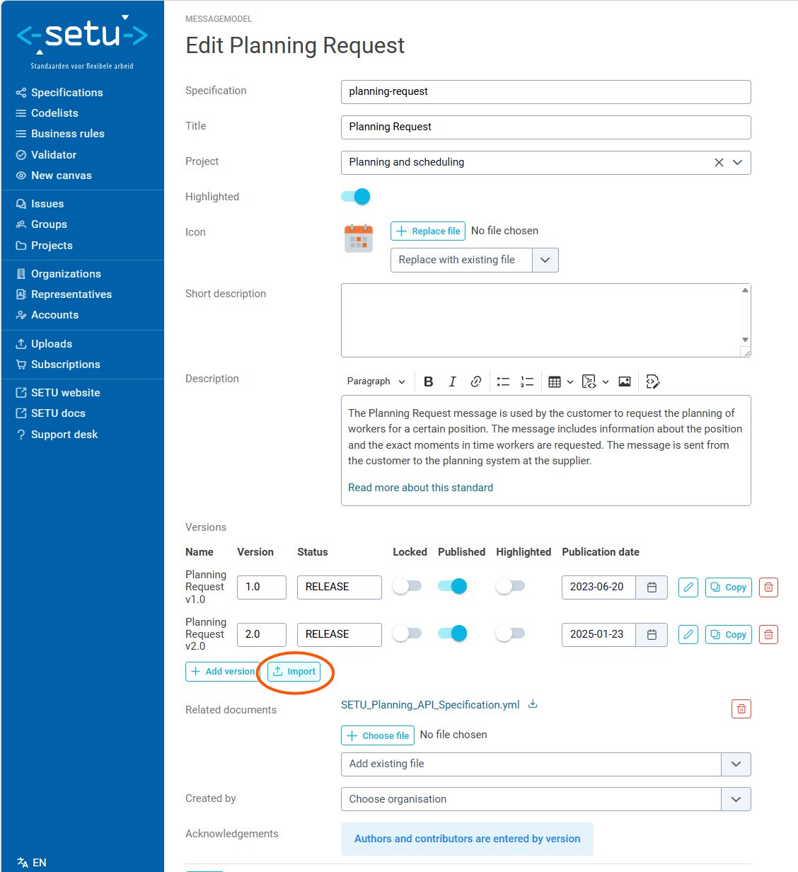 A screenshot of the edit specification view where the import button can be found