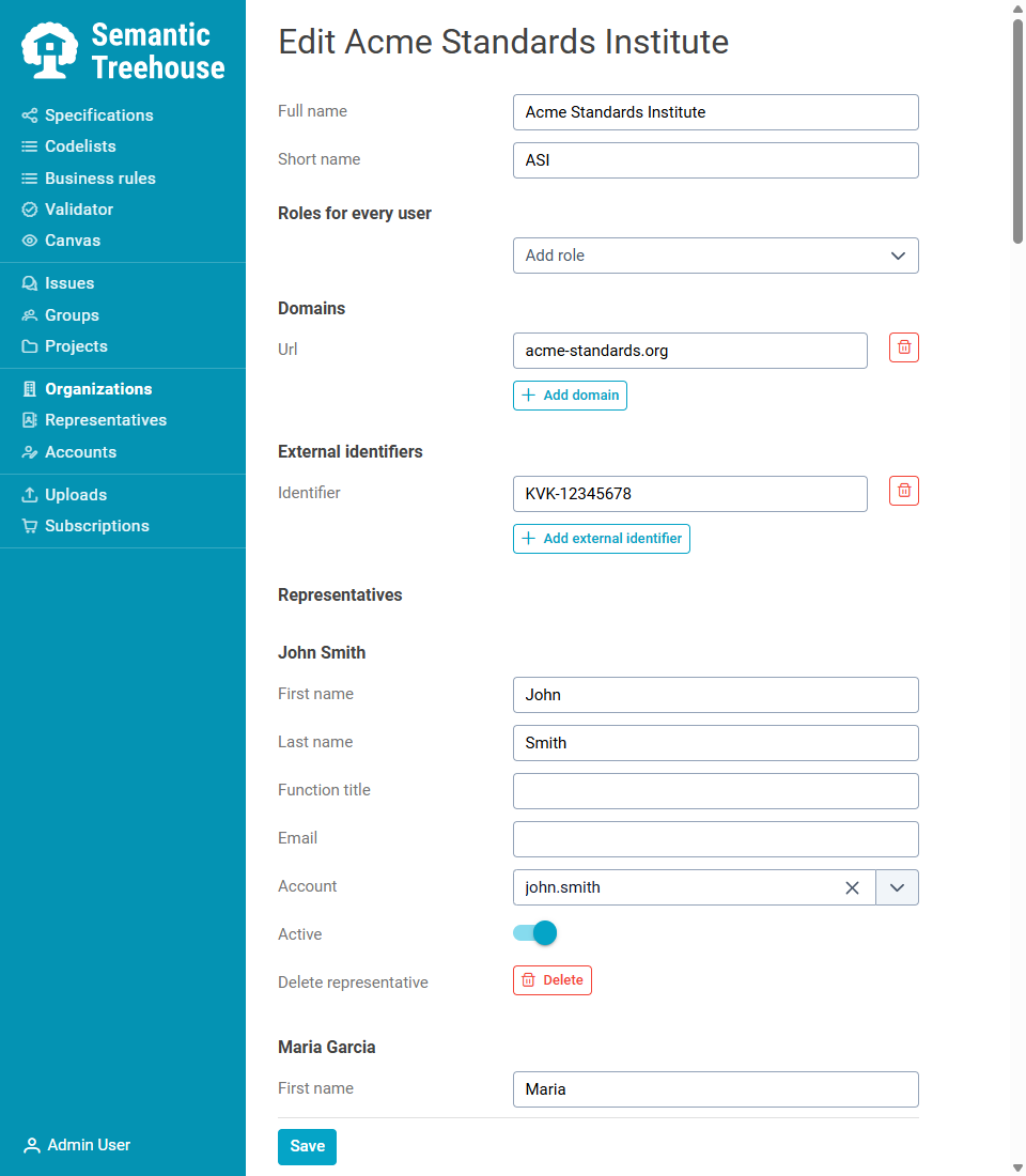 Organization edit form showing general info, domains, external identifiers, and representatives