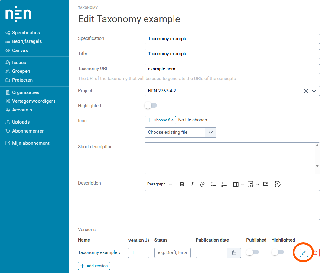 Edit screen of taxonomy specification and spec version