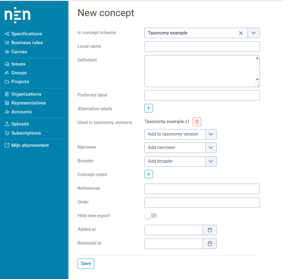 The concept edit form